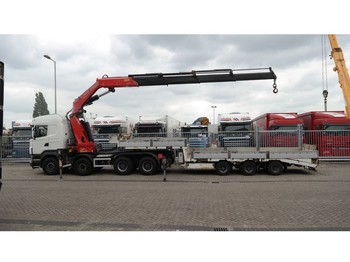 Sattelzugmaschine Scania R 480 8X4 IN COMBI WITH LIMOGES OPEN TRAILER FOR CAR AND MACHINE TRANSPORT WITH FASSI F 800 XP CRANE: das Bild 1