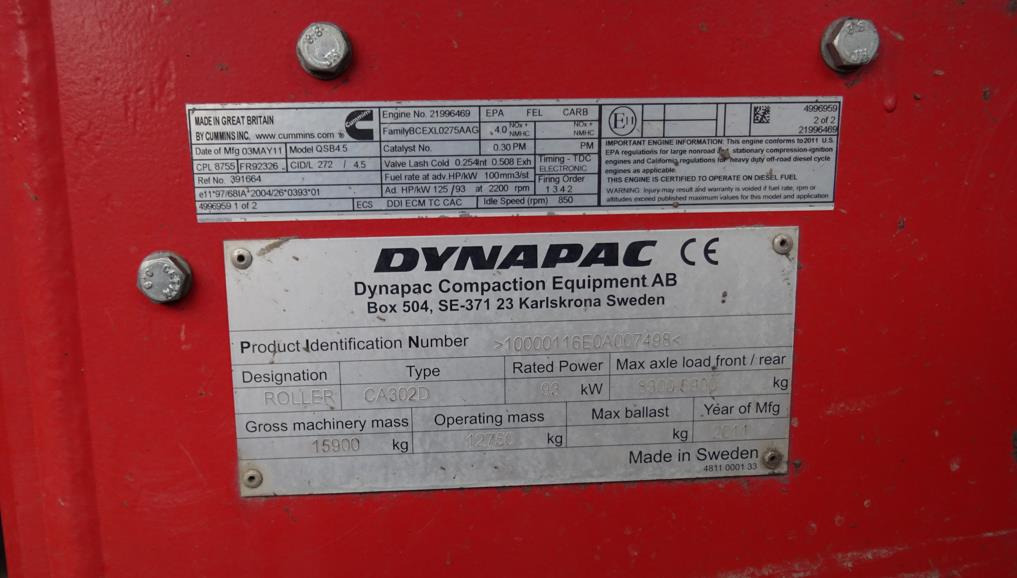 Walec DYNAPAC CA 302D 2011 - 3393 mth - CE - 15,9t - Walzen: das Bild 5 Walec DYNAPAC CA 302D 2011 - 3393 mth - CE - 15,9t - Walzen: das Bild 5