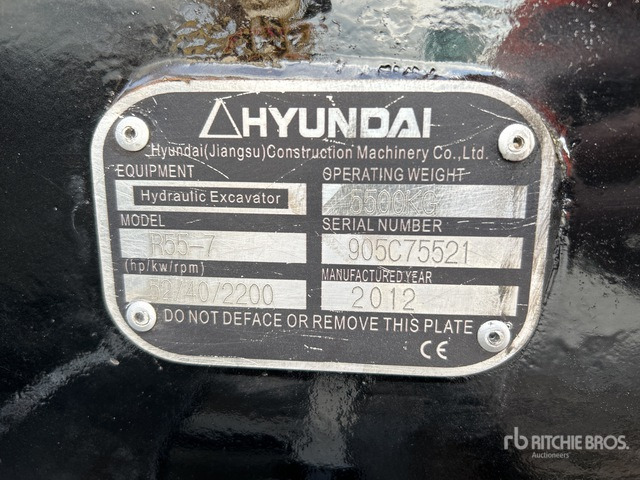 2012 Hyundai R55-7 Mini Excavator: <6.6t - Minibagger: das Bild 3 2012 Hyundai R55-7 Mini Excavator: <6.6t - Minibagger: das Bild 3