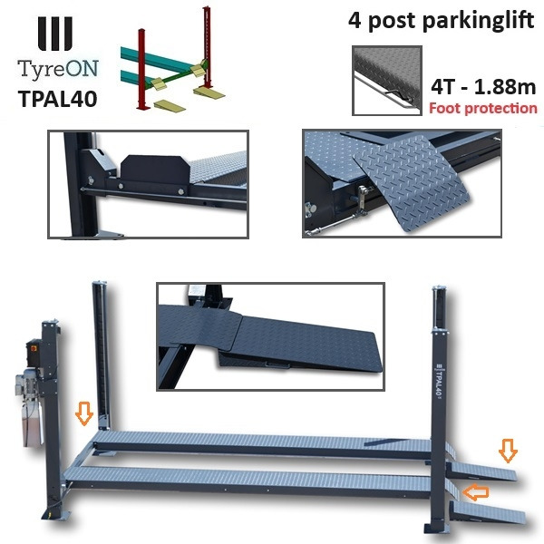 TPAL40 mobile 4 post parking lift for car - 4T - Height 188 cm - Long 415 cm runways with automatic roll-off protection - 230V-1 phase - To park 2 vehicles on top of each - Werkstattgerät: das Bild 3 TPAL40 mobile 4 post parking lift for car - 4T - Height 188 cm - Long 415 cm runways with automatic roll-off protection - 230V-1 phase - To park 2 vehicles on top of each - Werkstattgerät: das Bild 3