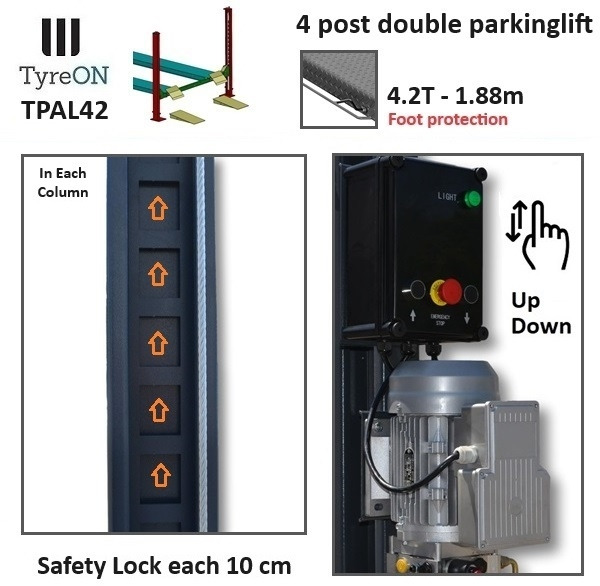 Werkstattgerät TPAL42 mobile double 4 post parking lift for car - 4.2T - Height 188 cm - Long 415 cm runways with automatic roll-off protection - 230V - To park 4 vehicles: das Bild 7