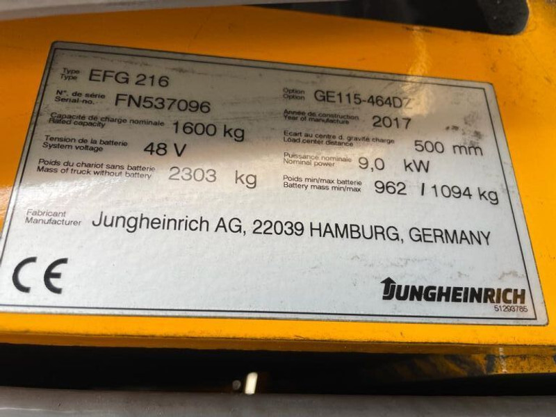 Elektrostapler Jungheinrich EFG 216 Elektra 1.6 ton Triplex Freelift Sideshift Elektra Heftruck: das Bild 10