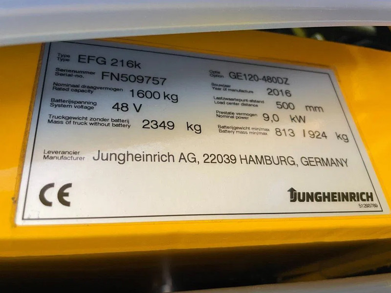 Gabelstapler Jungheinrich EFG 216K 1.6 ton Triplex Freelift Sideshift Elektra Heftruck Accu 2020: das Bild 16